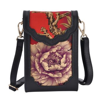 Luxury Edition: Seidenbrokat Handytasche aus echtem Leder und Satin Geschenbox, RFID, Pfingstrose