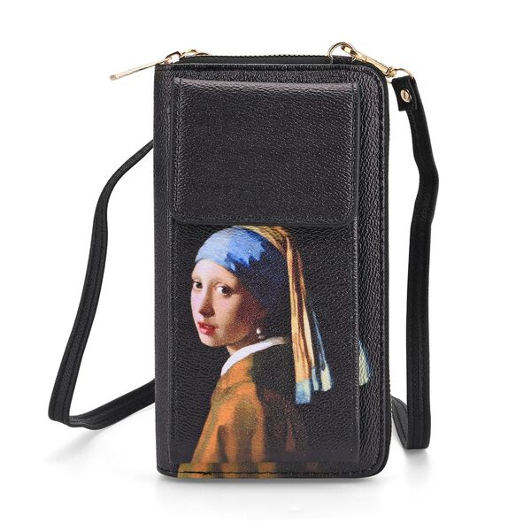 PU Handytasche mit RFID-Schutz, 20x11x2cm, Mädchen mit Perlenohrring-Muster, Schwarz image number 0