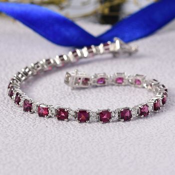 D'Joy Nat&uuml;rlicher Rhodolith Granat, Wei&szlig;er Zirkon Armband ca. 19 cm 925 Silber rhodiniert ca. 14.43 ct