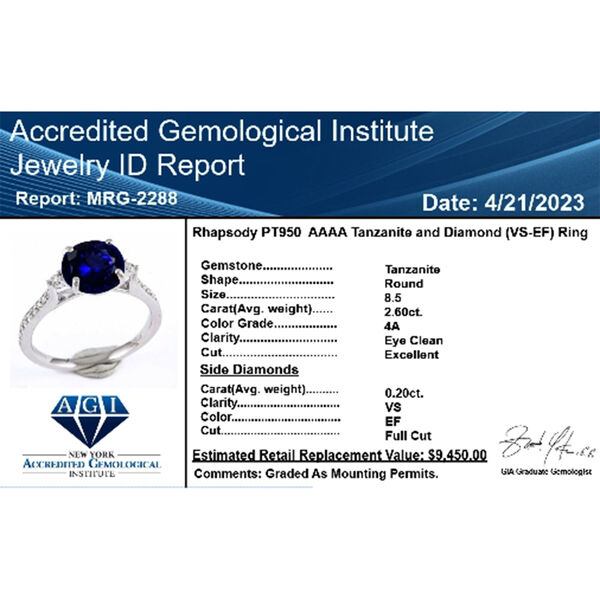RHAPSODY zertifiziert und geprüft AAAA Tansanit und VS-EF Diamant Ring in 950 Platin - 2 ct. image number 6