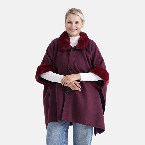 LA MAREY - Signature Kunstfell-Poncho mit Pl&uuml;schkragen und Umschlag&auml;rmeln, Einheitsgr&ouml;&szlig;e, Bordeauxrot image number 0