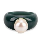 D'Joy Natürlicher Olmek Jadeit, Weiße Edison Perle (11-12mm) Ring 925 Silber vergoldet (Größe 19.00)