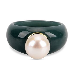 D'Joy Natürlicher Olmek Jadeit, Weiße Edison Perle (11-12mm) Ring 925 Silber vergoldet (Größe 19.00)