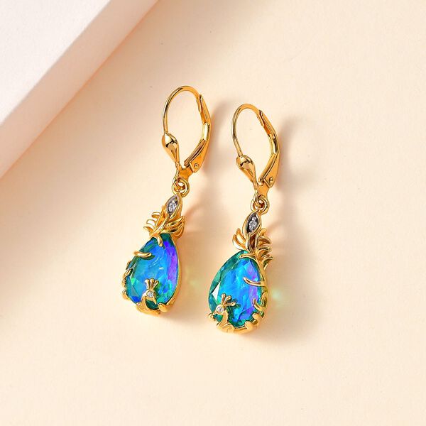 Pfau Quarz Triplette, Weißer Zirkon Ohrringe 925 Silber Gelbgold Vermeil ca. 6.81 ct image number 2