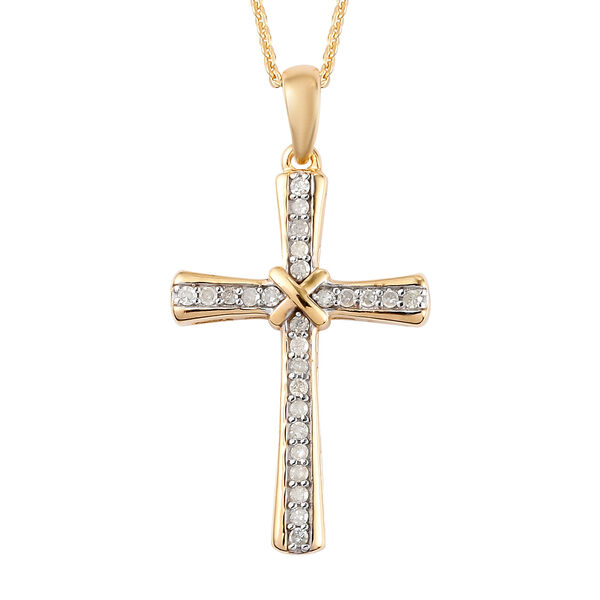 Diamant Kreuz-Anh&auml;nger mit Kette, 50 cm, 925 Silber Gelbgold Vermeil ca. 0,25 ct