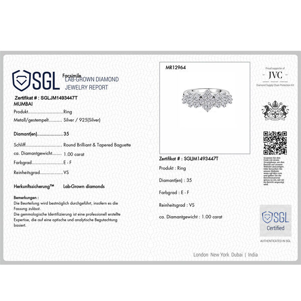 LUXURIANT 1 ct. VS-EF Labor Diamant Ballerina Ring, 925 Silber platiniert image number 3