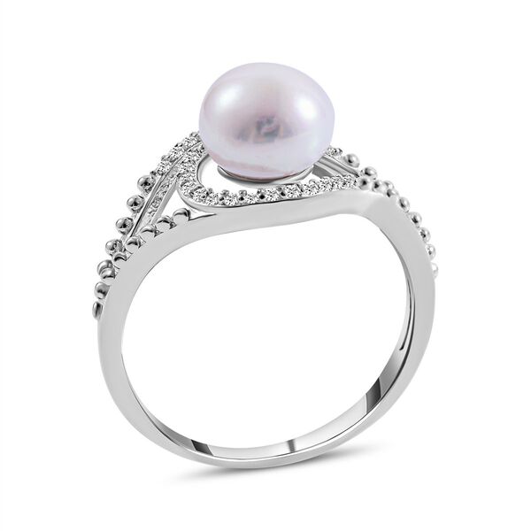 Süßwasserzuchtperle und weißer Zirkonia Ring, 925 Silber platiniert (Größe 20.00) ca. 0.23 ct image number 3