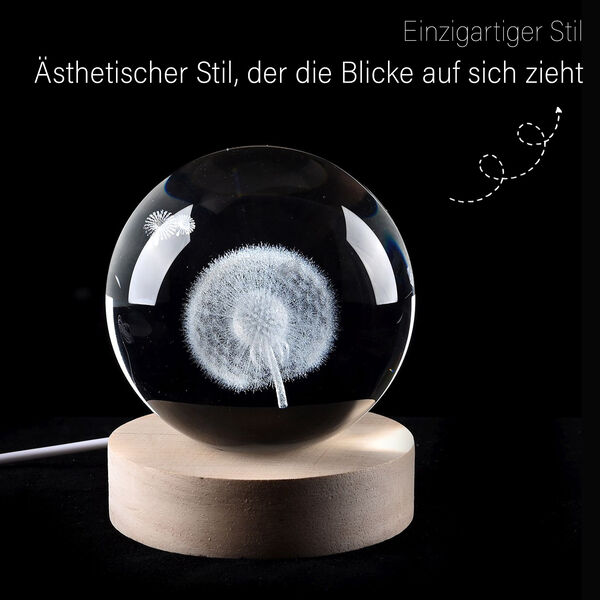 3D Kristallkugel mit LED-Licht und Holzsockel, Pusteblume image number 2
