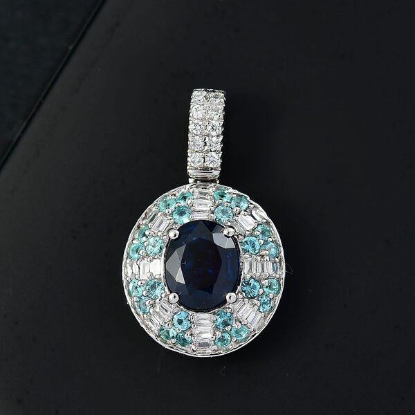 RHAPSODY zertifiziert und gepr&uuml;ft AAAA ceylonfarbener blauer Saphir, Paraiba Turmalin und VS Diamant Anh&auml;nger in 950 Platin - 1,91 ct. image number 1