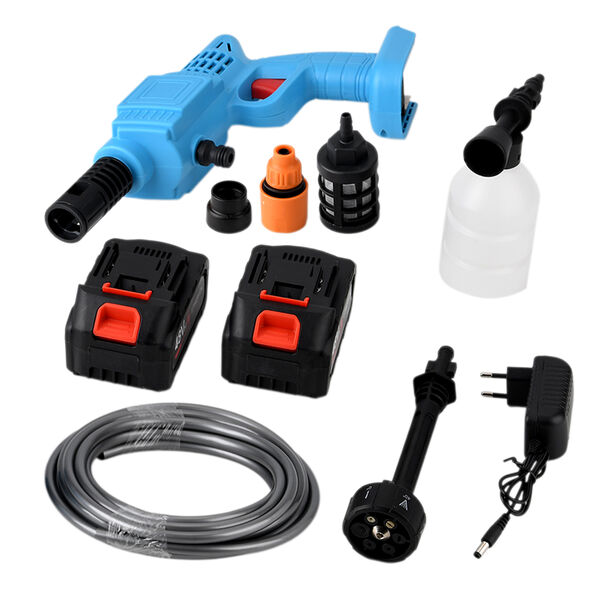 "Battery capacity: 6000 mAh*2pcs Charging time: 2 hours Use time: 15 minutes Motor power: 260 watts Accessories: 1 charger; 1 filter screen; 1 water bottle connector; 1 foam pot; 2 battery; 2 nozzles 1 pipe connector; 1 extended aluminum pipe; 1 5m water image number 5