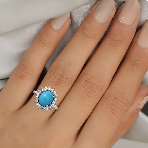 Nat&uuml;rlicher Sleeping Beauty T&uuml;rkis und Zirkon Halo Ring 925 Silber Platin &Uuml;berzug image number 2