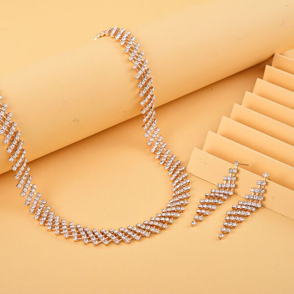 Wei&szlig;e Kristall-Halskette und Ohrringe in Goldton - 12 ct. image number 2