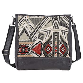 Crossbody Bag mit Krokopr&auml;gung aus echtem Leder und Jacquard mit Laptop-H&uuml;llen, schwarz
