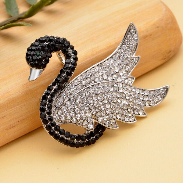 Wei&szlig;e und schwarze Kristall-Brosche, silberfarben image number 2