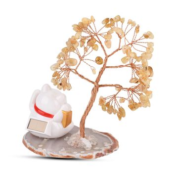 LIVMORE Solar Edelstein Gl&uuml;ckskatze Dekoration mit Achatbasis und 108 Citrin Steinen ca. 11 cm Gelb