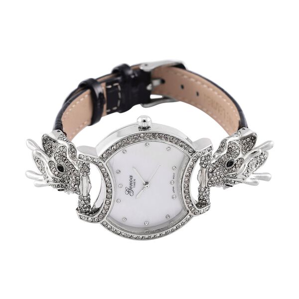 GENOA TIME V2 Kristall Uhr mit japanischem Miyota-Uhrwerk und schwarzem Lederarmband in Silberton, 24cm image number 4