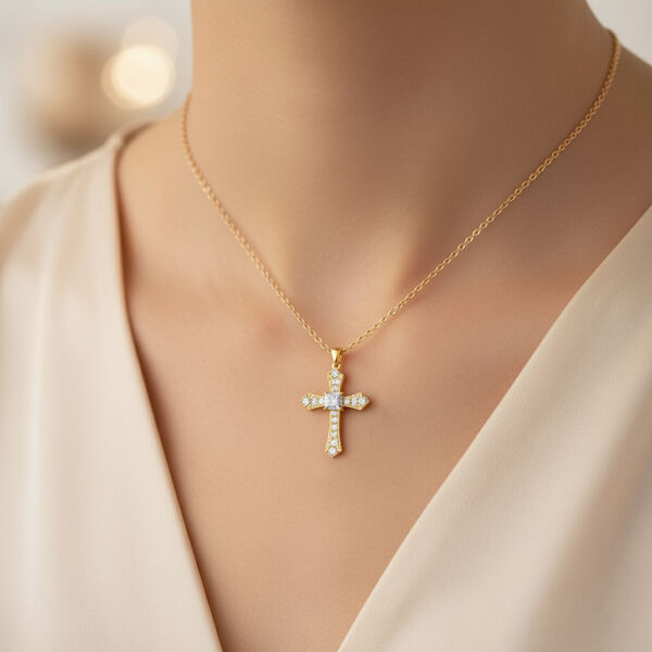 Wei&szlig;er Zirkonia Anh&auml;nger mit Kette, ca. 50 cm 316L Edelstah, Nickelfreies Messing, goldfarben image number 2