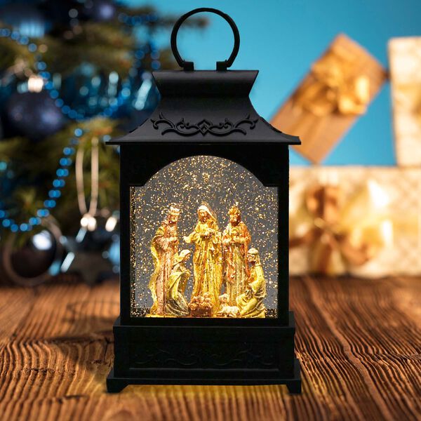 Weihnachtslaterne mit Schneefunktion und LED-Lichtern, Krippe, Schwarz image number 3