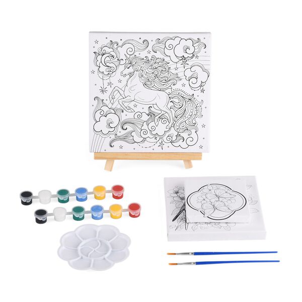 Leinwand-Malset - 3-teiliges Set mit Schmetterlings-, Elster- und Einhornmotiv, inklusive Farben, Mischpalette und Pinseln image number 0