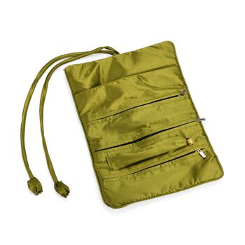 Reise-Schmuckrolle mit Stickmuster, 1 Organizer + 5 Weinrote Silberputzt&uuml;cher, Satin, Olivgr&uuml;n