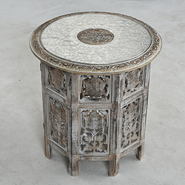 NAKKASHI - handgeschnitzter klappbarer Tisch aus Mangoholz mit handgeprägter Aluminiumplatte, 53x53x53 cm, weiß image number 0