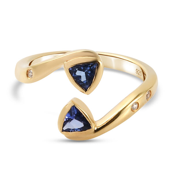 Tansanit und Zirkon Bypass Ring 925 Silber vergoldet  ca. 0,62 ct