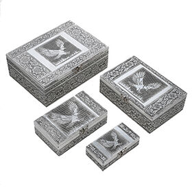 Satz von 4 handgefertigten Aluminiumboxen mit Adler-Motiv, groß bis klein 24x17x9 bis 13x6.5x3 cm, Adler