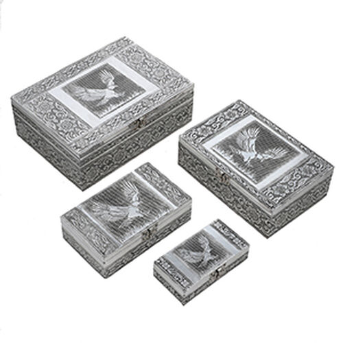 Satz von 4 handgefertigten Aluminiumboxen mit Adler-Motiv, groß bis klein 24x17x9 bis 13x6.5x3 cm, Adler