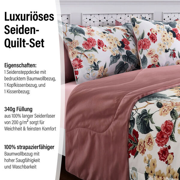 Serenity Night: 3er Set &ndash; Seidensteppdecke und 2 Kissenbez&uuml;ge, Blumenmuster, Mehrfarbig image number 1