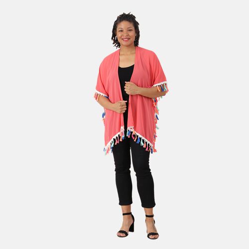 Chiffon Kimono mit mehrfarbigen Quasten, Einheitsgröße, Koralle image number 0