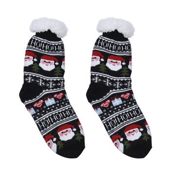 2er-Set - 2 Paar rutschfeste Haus Socken mit warmem Sherpa Futter, Einheitsgr&ouml;&szlig;e Weihnachtsmotiv, Schwarz und Blau&nbsp;