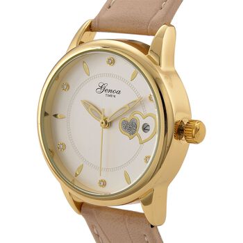 GENOA - Automatik-Armbanduhr mit Herz-Design und Datumsanzeige, Dandong-Uhrwerk, Wei&szlig;es Zifferblatt, Goldfarben, Helltaupes Lederarmband, 36 mm