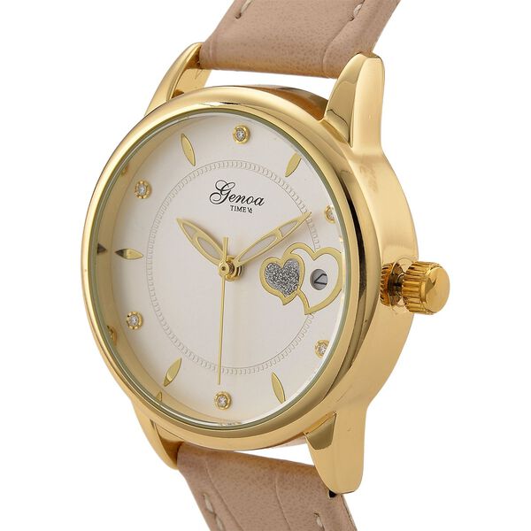 GENOA - Automatik-Armbanduhr mit Herz-Design und Datumsanzeige, Dandong-Uhrwerk, Wei&szlig;es Zifferblatt, Goldfarben, Helltaupes Lederarmband, 36 mm image number 4