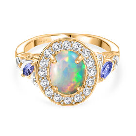 D'Joy Natürlicher, äthiopischer Welo Opal, Tansanit Ring 925 Silber vergoldet (Größe 17.00) ca. 2,15 ct