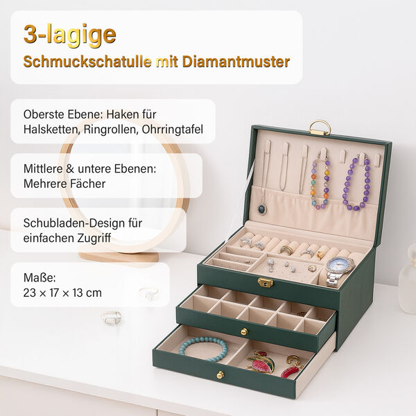 3-lagige Schmuckbox aus PU mit Diamantmuster und 5 Silberputztüchern, Grün image number 2