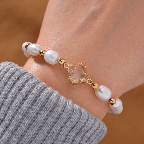 Glas, Wei&szlig;e S&uuml;&szlig;wasser Perle Armband BR-Stretch Standard gelb vergoldet image number 1