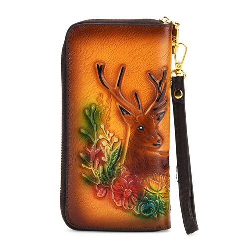 "Life style Color:Embossed Yellow deer /Profile:Long wallet with wraist wall(exterior):PU   Lining(interior): polyester;   Pockets(exterior):Zipped-1; Pockets(interior):Zipped-1;Card slot-8  Measurement:7.48*0.98*3.94 " image number 0