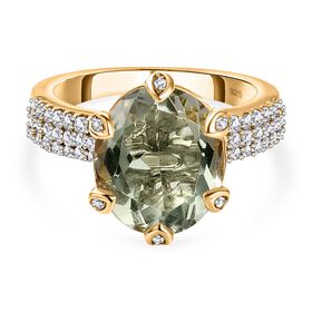 AA Prasiolith, Weißer Zirkon Ring, 925 Silber vergoldet (Größe 21.00) ca. 5.06 ct