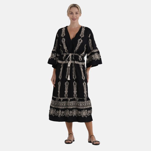 LA MAREY Kleid, V-Ausschnitt, Elastikbund, 125cm, Schwarz-Beige
