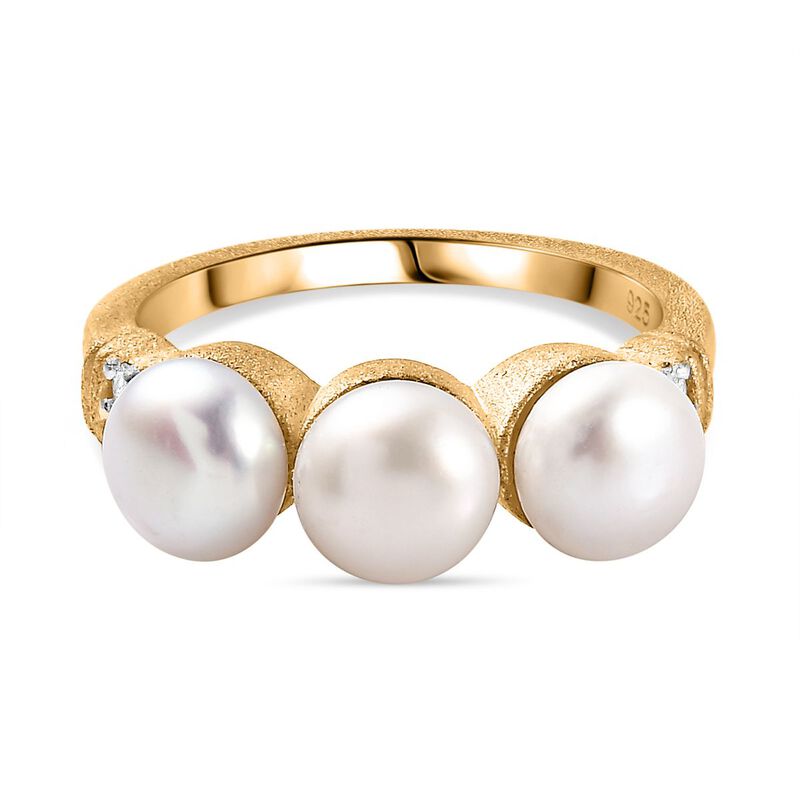 Süßwasser Perle, Weißer Zirkon Ring, 925 Silber Gelbgold Vermeil (Größe 18.00) ca. 0.09 ct image number 0