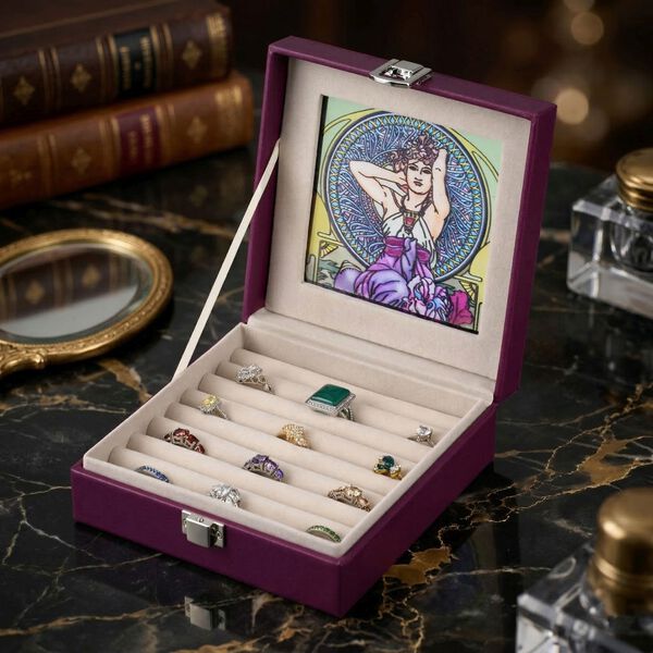 LIVMORE Ringbox mit handbemaltem Glasfenster im Art-Deco-Design, 16x16x6cm, Dunkellila image number 2