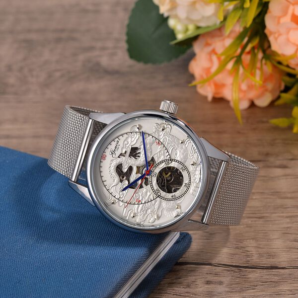 GENOA TIME V2 - Automatische mechanische Uhr mit Drachenmuster und Edelstahl-Mesharmband, 23 cm, Silber, ca. 89,00g image number 2