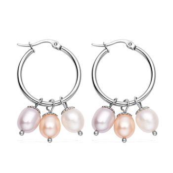 Wei&szlig;e, rosa und violette S&uuml;&szlig;wasser Perlen charme-Creolen, reiner Edelstahl