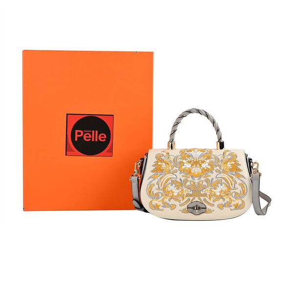 GRAND PELLE Umhängetasche aus echtem Leder, Damaststickerei, mit Tragegriff und Schulterriemen, 23×9×13 cm, Grau image number 6