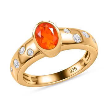 AA Salamanca Feueropal, Wei&szlig;er Zirkon Ring 925 Silber 750 Gelbgold Vermeil (Gr&ouml;&szlig;e 20.00) ca. 0,83 ct