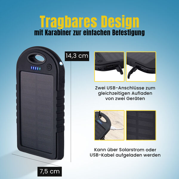 Homesmart Solar Powerbank mit LED-Licht, 14,3×7,5cm, Schwarz image number 3