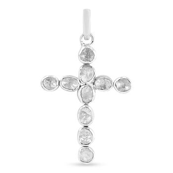 Handgearbeiteter Polki Diamant Kreuzanh&auml;nger 925 Silber platiniert ca. 1,25 ct