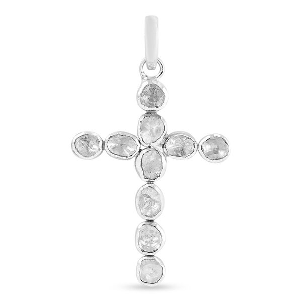 Handgearbeiteter Polki Diamant Kreuzanh&auml;nger 925 Silber platiniert ca. 1,25 ct