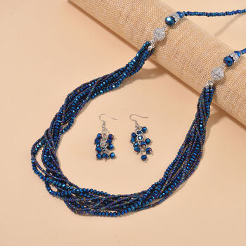 2er Set - Blau Kristall, Wei&szlig;er Kristall Halskette und Ohrringe