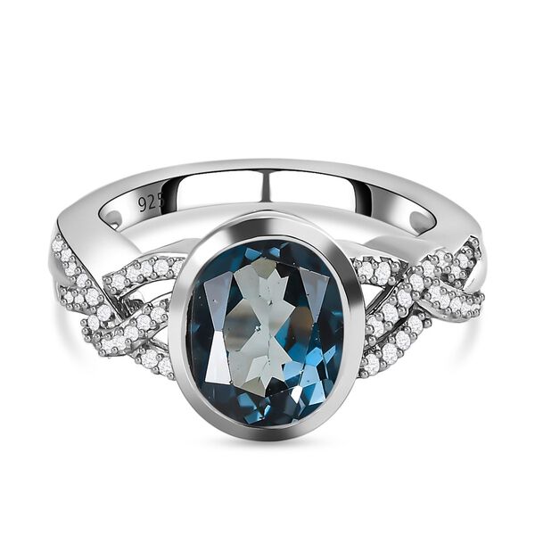 London Blau Topas und wei&szlig;er Zirkon Ring, 925 Silber platiniert (Gr&ouml;&szlig;e 21.00) ca. 4.55 ct